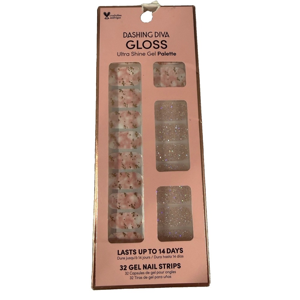 Dashing Diva Gloss Ultra Shine Gel 32 Nail Strips Pink Gold Glitter NEW
